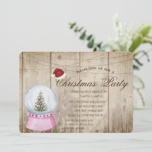 Kiefernbaum, Globe, String-Leuchten, Holzstruktur Einladung (Stehend Vorderseite)