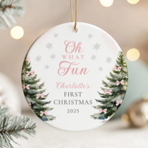 Kiefernbaum mit rosa Schleife Baby Weihnachten Keramik Ornament