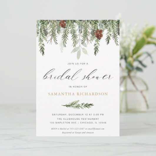 Kiefernbaum mit rustikalem Brautparty Einladung (Stehend Vorderseite)