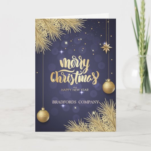 Kiefernbäume, Balls, Blue Christmas Company Feiertagskarte (Vorderseite)