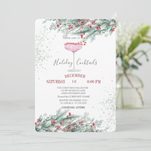 Kiefernbäume Branches Red Berries Drinken Weihnach Einladung (Stehend Vorderseite)