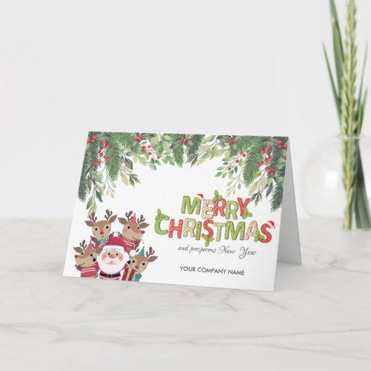 Kiefernbäume, Hirsche, Weihnachtsmann Feiertagskarte (Vorderseite)