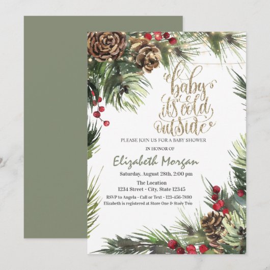 Kiefernbäume, Pinienbäume, grüne Babydusche Einladung (Vorne/Hinten)