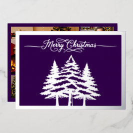 Kiefernbäume und frohe Weihnachten in Lila, Silber Folien Feiertagskarte