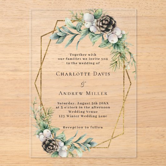 Kieferngrün, geometrische Hochzeit Acryleinladungen (Vorderseite)