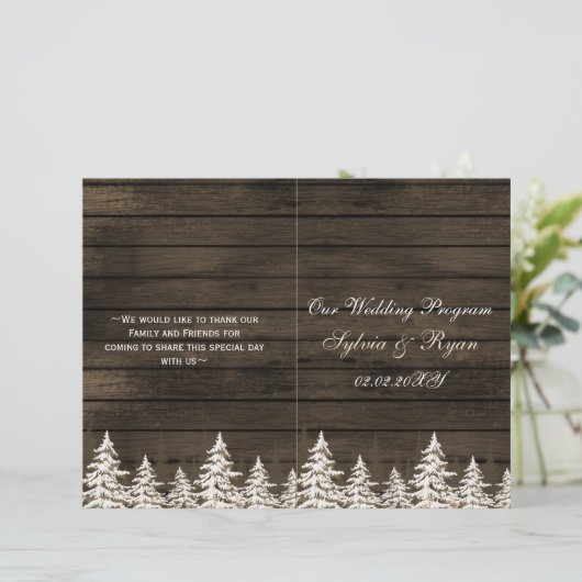 Kiefernholzbäume, gefaltetes Winterhochzeitprogram (Stehend Vorderseite)