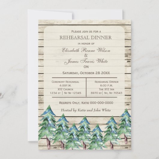 Kiefernholzkiefern im Winter Probe Abendessen Einladung (Vorderseite)