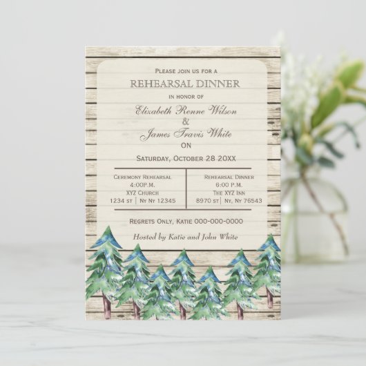 Kiefernholzkiefern im Winter Probe Abendessen Einladung (Stehend Vorderseite)