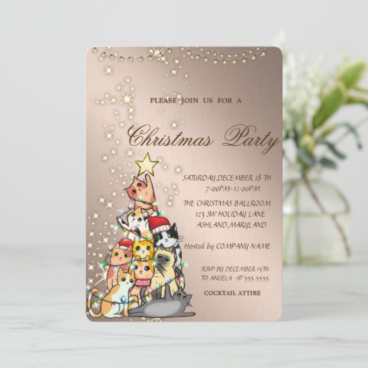 Kiefernkatzchen, Sparkeln, Lichter, Weihnachts-Par Einladung (Stehend Vorderseite)