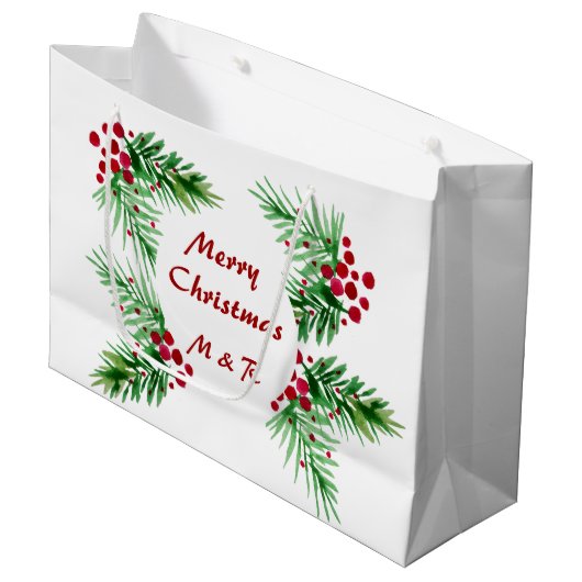 Kiefernkiefer, handgemalt, rote Berries Große Geschenktüte (Vorderseite Schrägansicht)