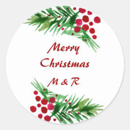 Kiefernkiefer, handgemalt, rote Berries Runder Aufkleber