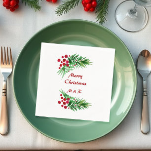 Kiefernkiefer, handgemalt, rote Berries Serviette