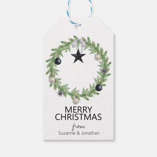 Kiefernkiefer Schwarz-weißes Weihnachtsfest Geschenkanhänger (Rückseite)