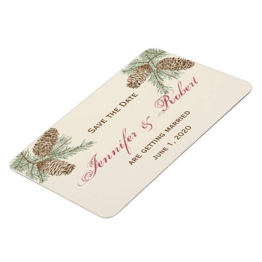 Kiefernkone-Art auf Creme Wedding Save the Date Magnet (Linke Seite)