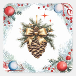 Kiefernkone, umgeben von Kränzen und Ornamenten Quadratischer Aufkleber