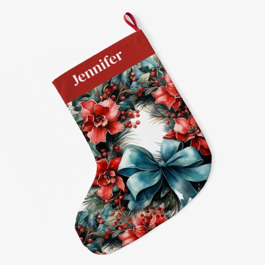 Kiefernkranz mit roten Blume und Holly Großer Weihnachtsstrumpf (Rückseite (Hängend))