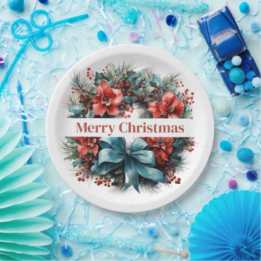 Kiefernkranz mit roten Blume und Holly Pappteller (Party)