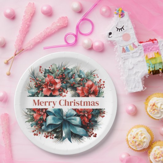 Kiefernkranz mit roten Blume und Holly Pappteller (Party)