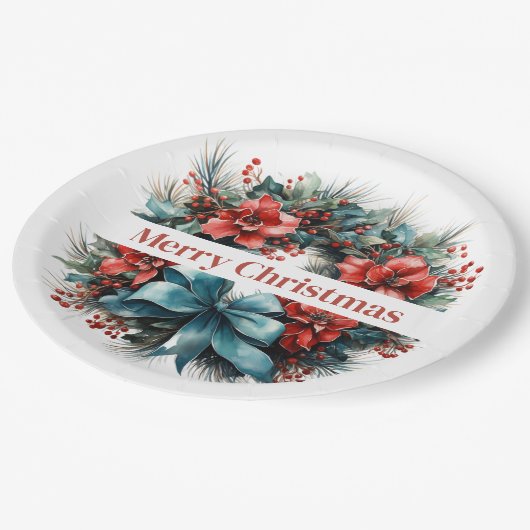 Kiefernkranz mit roten Blume und Holly Pappteller (Schrägansicht)