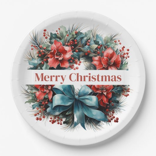 Kiefernkranz mit roten Blume und Holly Pappteller (Vorderseite)