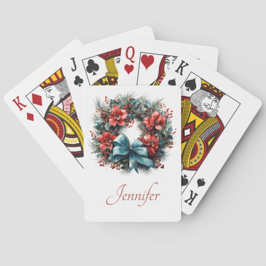 Kiefernkranz mit roten Blume und Holly Spielkarten (Rückseite)