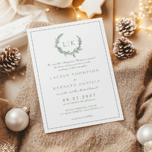 Kiefernkranz Monogramm Salbeigrün Hochzeit Einladung