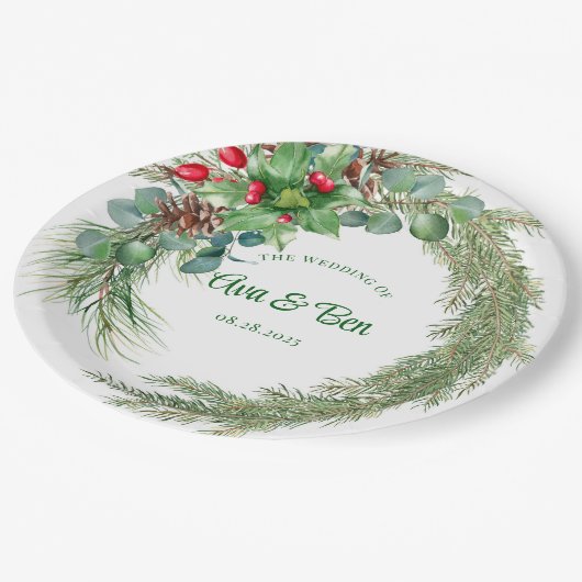 Kiefernnadeln, Rote Beere Pappteller (Schrägansicht)