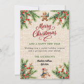 Kiefernroter Beeren Beige Burlap niedliche Eule We Feiertagskarte (Vorderseite)