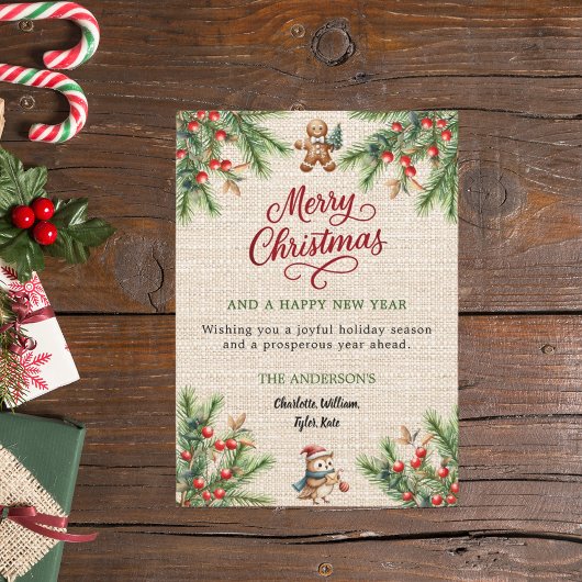 Kiefernroter Beeren Beige Burlap niedliche Eule We Feiertagskarte