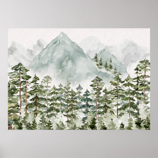 Kiefernwälder und Gebirge Aquarellbilder Poster (Vorne)