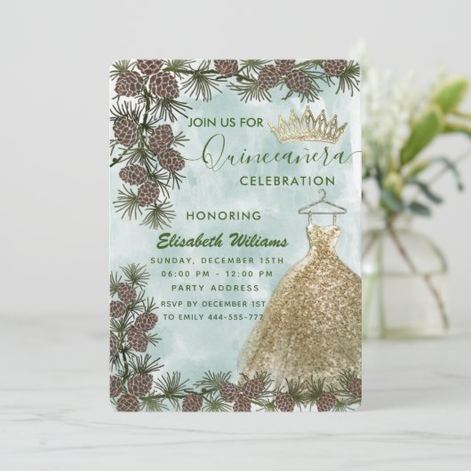 Kiefernzapfen Aquarellgold Tiara Quinceañera Einladung (Stehend Vorderseite)