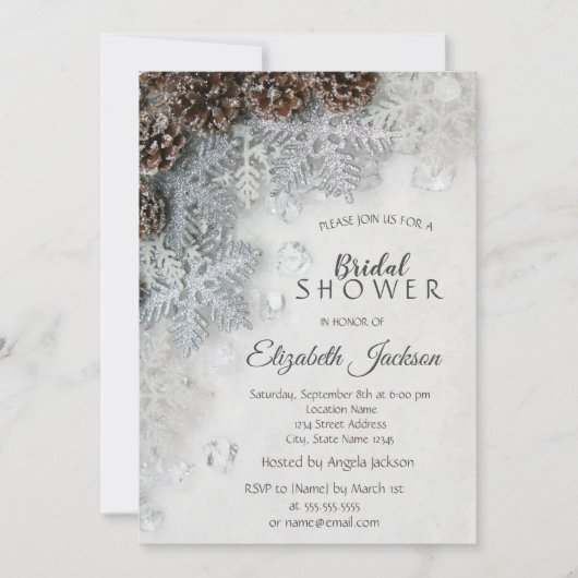 Kiefernzapfen, Schneeflocken Brautparty Einladung (Vorderseite)