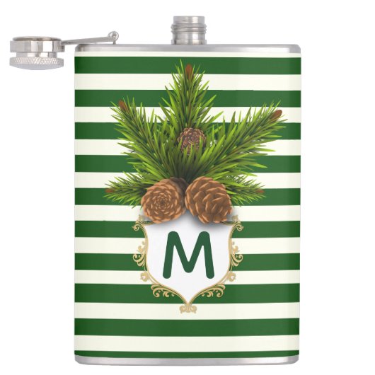 Kiefernzapfen und Mit Monogramm Streifen Flachmann (Geöffnet)