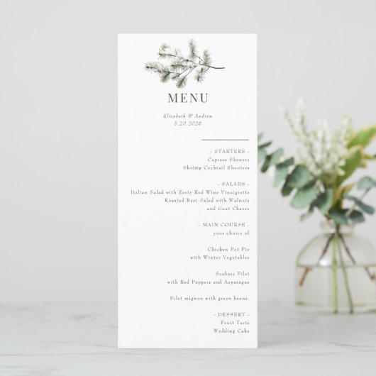 Kiefernzweig | Winterwald | Hochzeitsmenü Menükarte (Stehend Vorderseite)