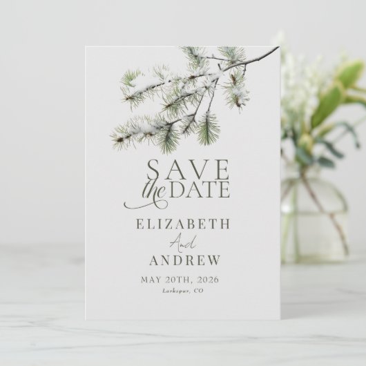 Kiefernzweig | Winterwaldhochzeit Save The Date (Stehend Vorderseite)