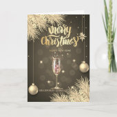 Kiefernzweige, Bälle, Champagnerglas Feiertagskarte (Vorderseite)