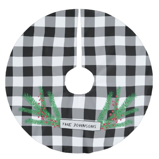 Kiefernzweige , rote Berries , Buffalo-Karo Polyester Weihnachtsbaumdecke (Vorderseite)