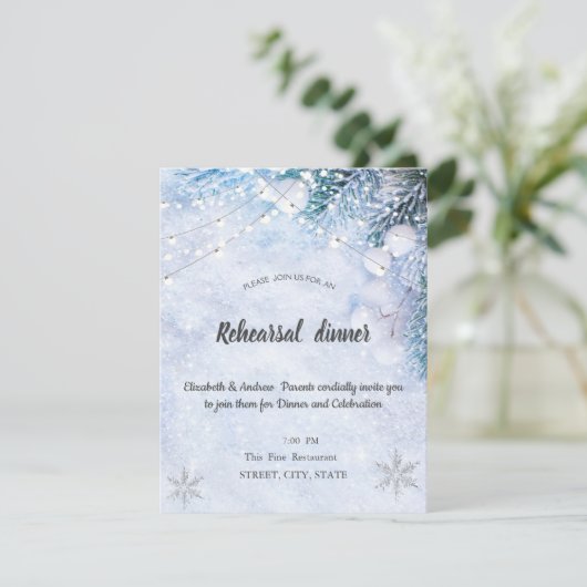 Kiefernzweige, Schnee, Lights Probe Abendessen Einladung (Stehend Vorderseite)