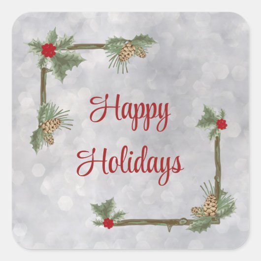 Kiefernzweige und Aufkleber auf dem Holly Square (Vorderseite)