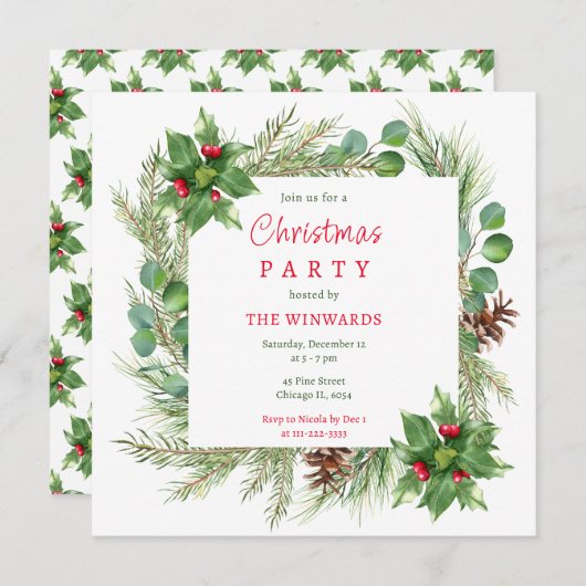 Kiefernzweige und Berries Weihnachtsfest-Party Einladung (Vorne/Hinten)