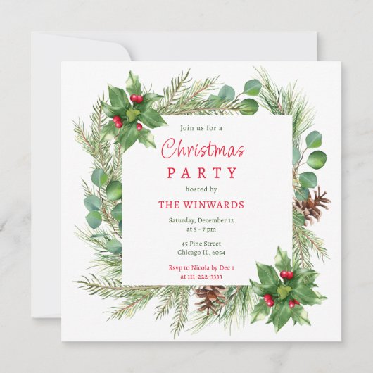Kiefernzweige und Berries Weihnachtsfest-Party Einladung (Vorderseite)