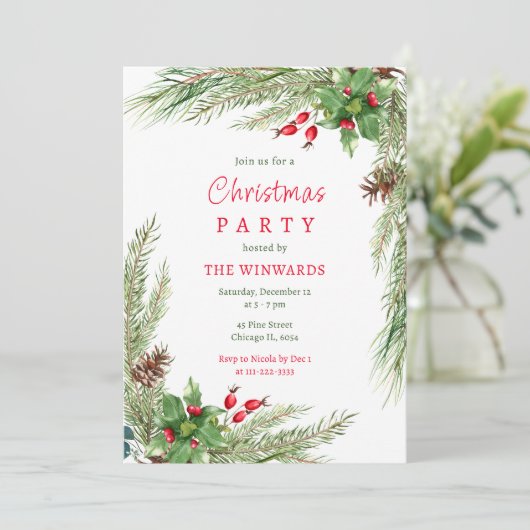Kiefernzweige und Berries Weihnachtsfest-Party Einladung (Stehend Vorderseite)