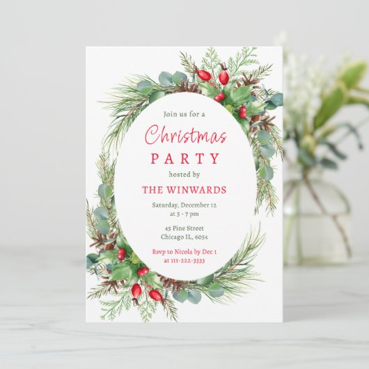 Kiefernzweige und Berries Weihnachtsfest-Party Einladung (Stehend Vorderseite)