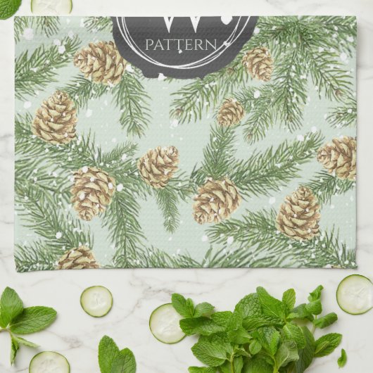 Kiefernzweige und Kiefernkiefer Wasserfarbmuster Geschirrtuch (Gefaltet)