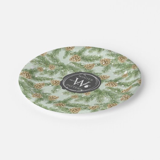 Kiefernzweige und Kiefernkiefer Wasserfarbmuster Pappteller (Schrägansicht)