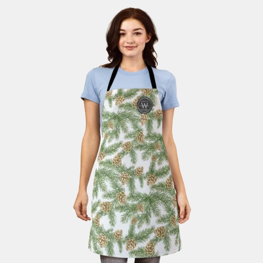 Kiefernzweige und Kiefernkiefer Wasserfarbmuster Schürze (Getragen)