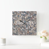 Kieselstein mit Familienname Quadratische Wanduhr (Zuhause)