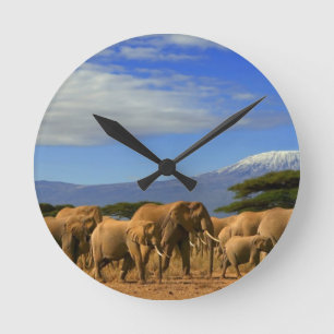 Kilimanjaro und Elefanten Runde Wanduhr