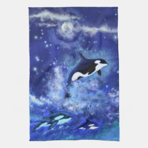 Killer Wale auf Vollmond Blue Kitchen Handtuch