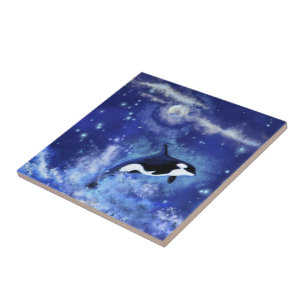 Killer Whale Keramik Tile auf Vollmond Blaue Nacht Fliese